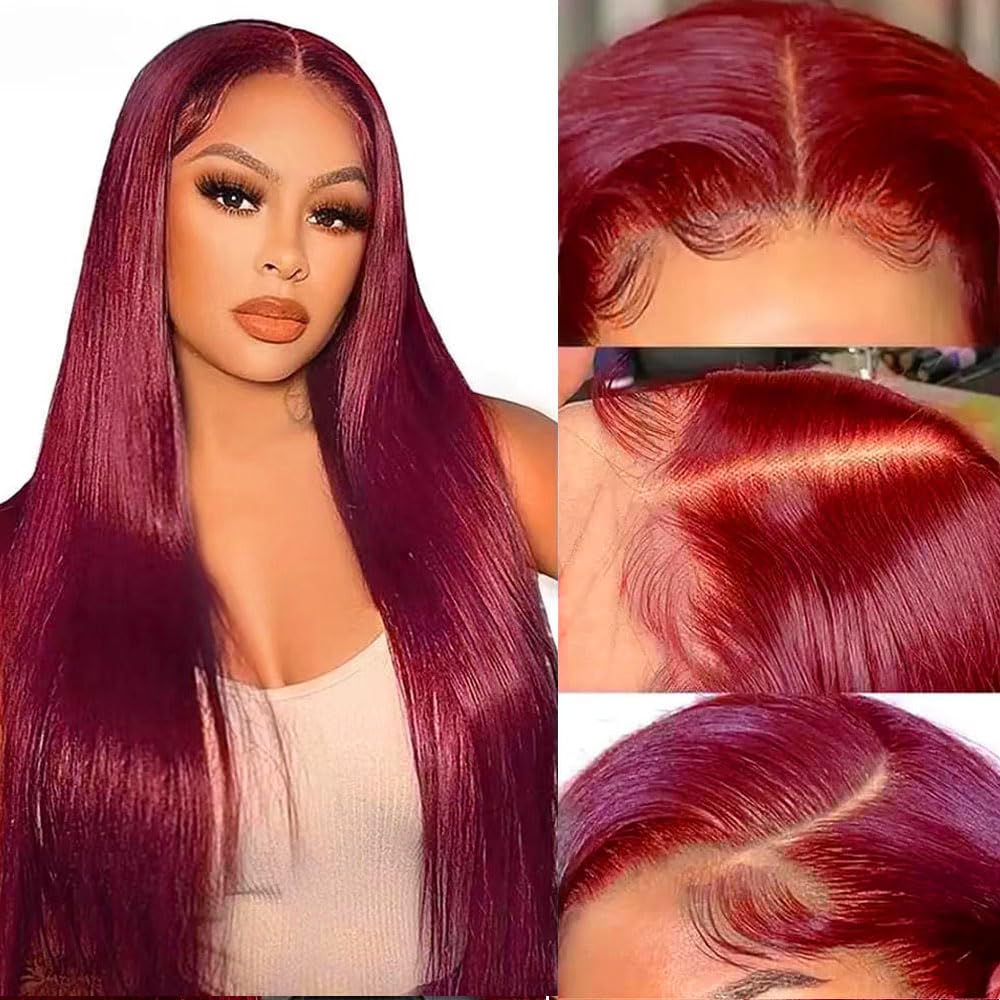 PrimeMart™ BurgundyWig: Peruvian Straight Lace Frontal Wig in 99J Burgundy